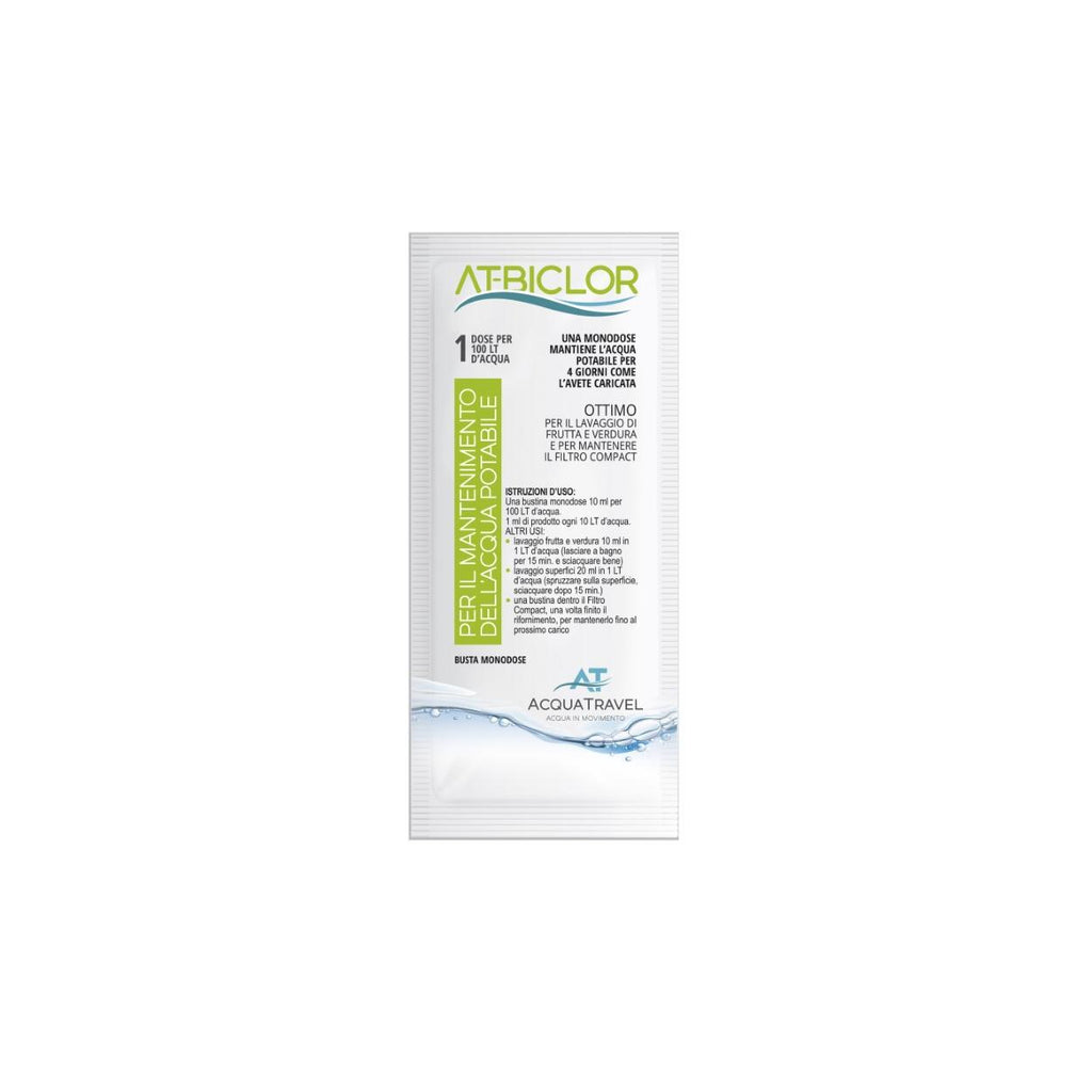 DISINFETTANTE AT-BICLOR BIOCHLOR ACQUATRAVEL N.1 BUSTINA MONODOSE PER ACQUA CHIARA 100L.
