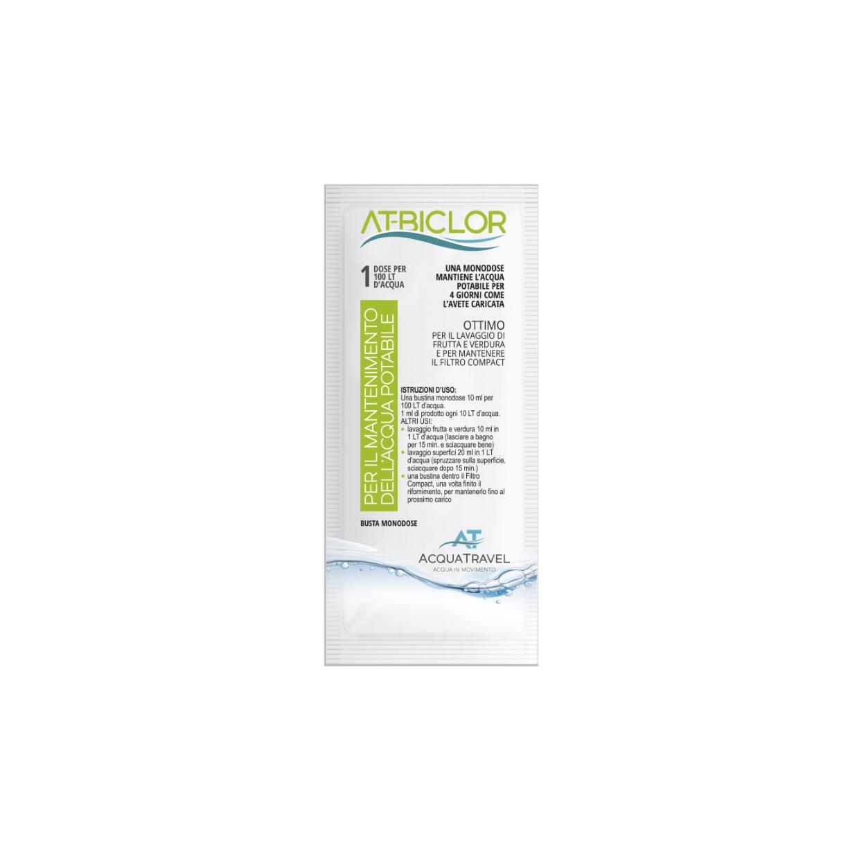 DISINFETTANTE AT-BICLOR BIOCHLOR ACQUATRAVEL N.1 BUSTINA MONODOSE PER ACQUA CHIARA 100L.